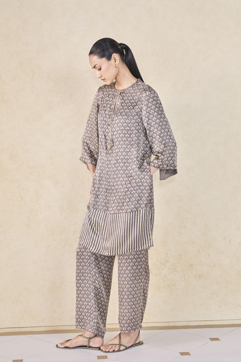 Bay Handcrafted Ajrakh Silk Co-ord - Grey, Grey, image 3